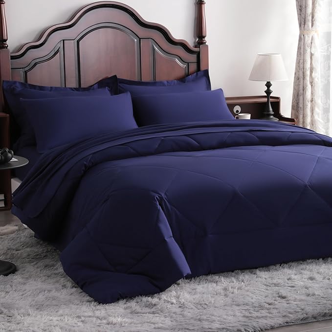 NTBAY King Comforter Set with Sheets, 7 Pieces Soft and Breathable King Bedding Set, Bed in a Bag, Down Alternative Comforter Set Solid Color All Season, Navy Blue