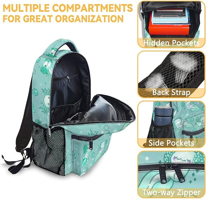 Mercuryelf Axolotl Girls Backpack with Lunch Box Set, 3 in 1 School Travel Backpacks Matching Combo, Cute Emerald Green Bookbag and Pencil Case Bundle