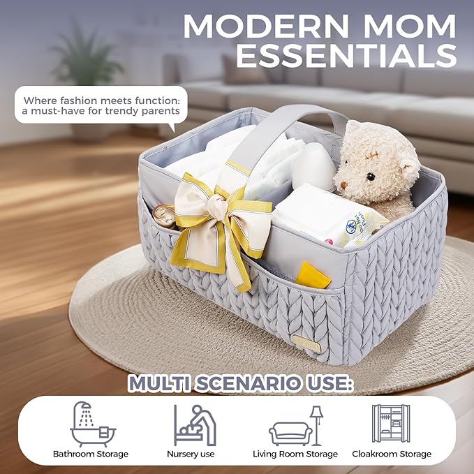 LUKJOJO Luxurious Baby Diaper Caddy, Nursery Storage Basket for Newborn Boy and Girl, Travel Baby Basket for Diapers Baby Wipes, Organizer Tote Bag Storage Bin, Baby Shower Gifts (light gray)