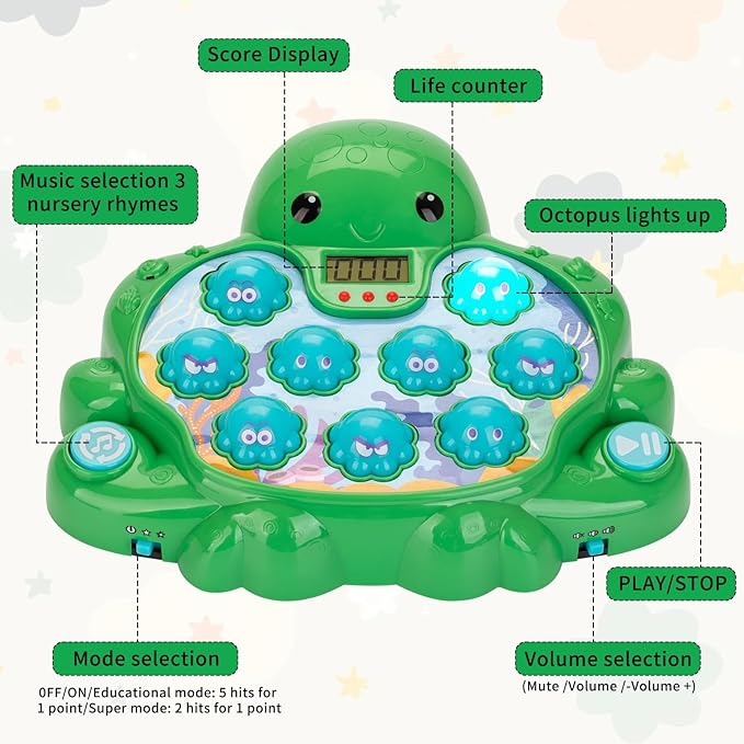 Interactive Whack a Mole Game Toys for Ages 2-4,Educational Learning Toddlers Toys for 2 3 4 5 6 Year Old Boys Girls, Green, Digital Display, Silent Mode,Multiple Difficulty Levels Fun Birthday Gifts