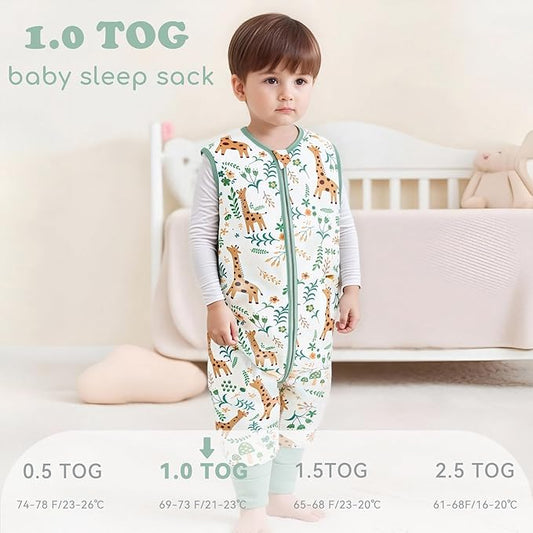 Toddler Sleep Sack with Feet 4-5 T, 1.0 TOG Cotton Baby Wearable Blanket with Legs, Sleep Bag Walker with 2-Way Zipper, Green + Giraffe