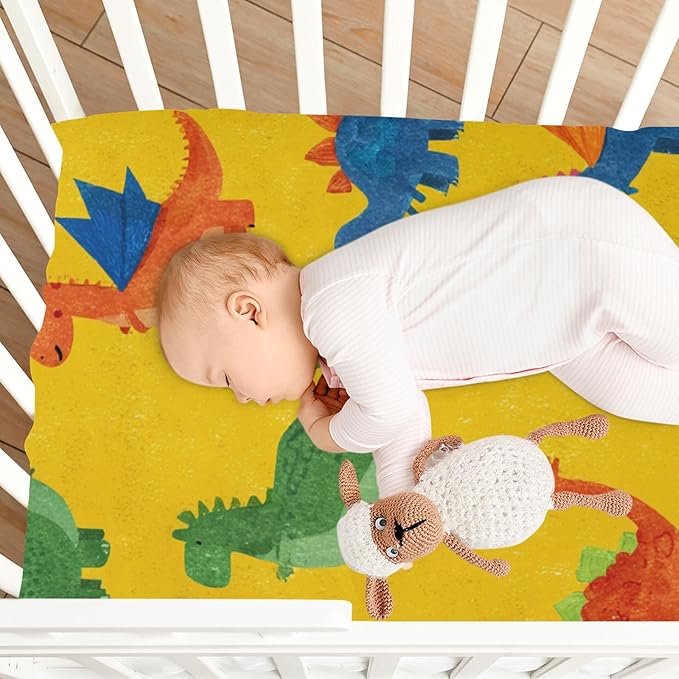 Dinosaur Cape Bright Yellow Crib Sheets Standard Crib Toddler Mattresses Cover Fitted Baby Bed Sheet Breathable Crib Mattress Sheet for Girls Boys 39''x27''x9''