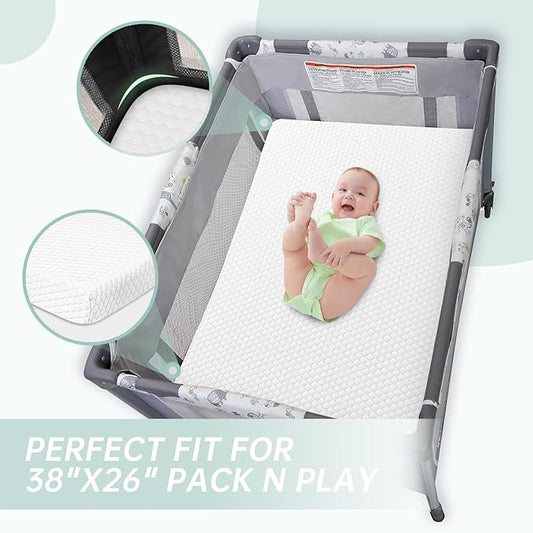 Pack and Play Mattress Pad, 38x26 Pack N Play Mattresses with Removable Breathable Cover, Portable Soft & Firm Memory Foam Baby Mattress for Pack n Play, White