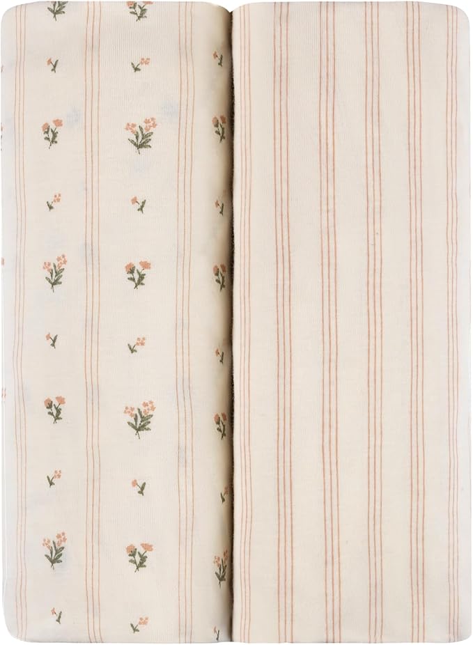 Ely's & Co. Bassinet Sheets, Baby Girl Fitted Bassinet Mattress Sheet Set - 2 Pack, 100% Jersey Knit Cotton, fits Oval, Hourglass and Rectangle Mattress, Pink Linear Floral Collection, 32”x16”x3”