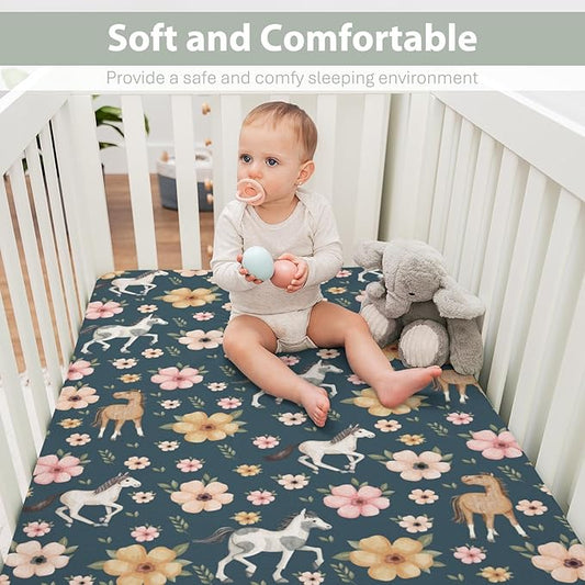 Watercolor Horse Floral Baby Crib Sheets for Boy Girl 52"x28" Running Horses Boho Flowers Soft Snug Fitted Crib Mattress Cover Wild Animals Baby Sheet for Standard Crib & Toddler Bed Mattress Navy