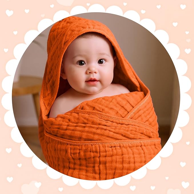 Peryiter 4 Pcs Muslin Hooded Baby Towels, 32x 32'' Cotton Newborn Bath Towel Muslin Infant Baby Blankets Absorbent Unisex Christmas Registry Gift Essentials for Girls Boys (Rainbow Colors)