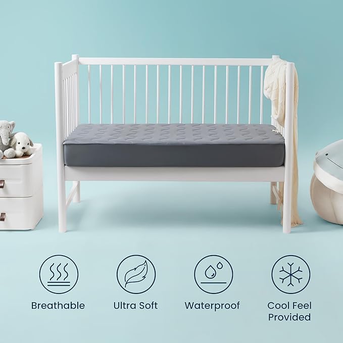 Sleep Zone Cooling Crib Mattress Protector Waterproof 2 Pack, Quilted Soft Toddler Mattress Pad, Breathable Baby Mattress Cover with Deep Pocket, Machine Washable Bed Topper (Dark Grey, 52 x 28)