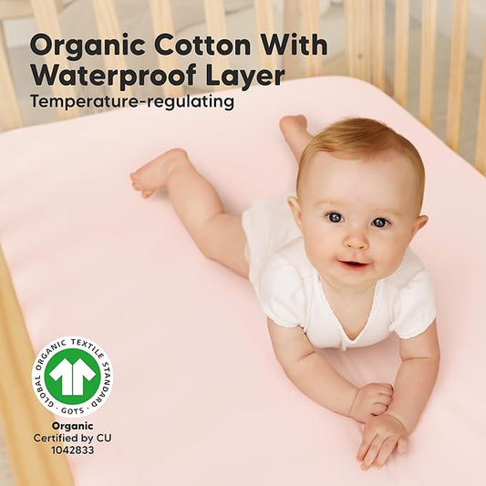 2-Pack Waterproof Crib Sheets for Girl, Boy - Organic Cotton 52X28 Fitted Crib Sheets Neutral,Crib Mattress Protector Sheets,Soft Toddler Bed Sheets,Washable Infant Fitted Baby Crib Sheets (Mist Rose)