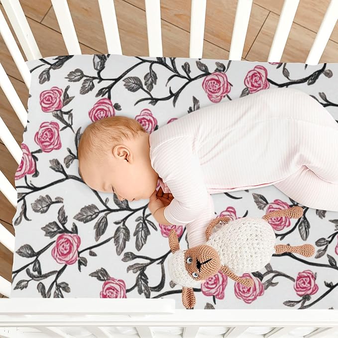 White Pink Rose Crib Sheets Standard Crib Toddler Mattresses Cover Fitted Baby Bed Sheet Breathable Crib Mattress Sheet for Girls Boys 52" x 28"x5''