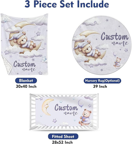 Custom Baby Crib Bedding Set, Personalized Name Moon Bear Design Crib Set 3 Pcs, Soft Double Layer Blanket, Crib Sheet & Room Rug, Ideal Nursery Decor Gift for Baby Girls Boys