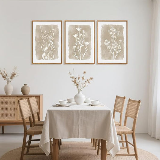 CHDITB Neutral Botanical Wall Art Set of 3, 24"x36" Large Framed Boho Farmhouse Wall Decor, Modern Minimalist Floral Wall Painting, Rustic Wildflower Canvas Art Prints for Living Room, Bedroom