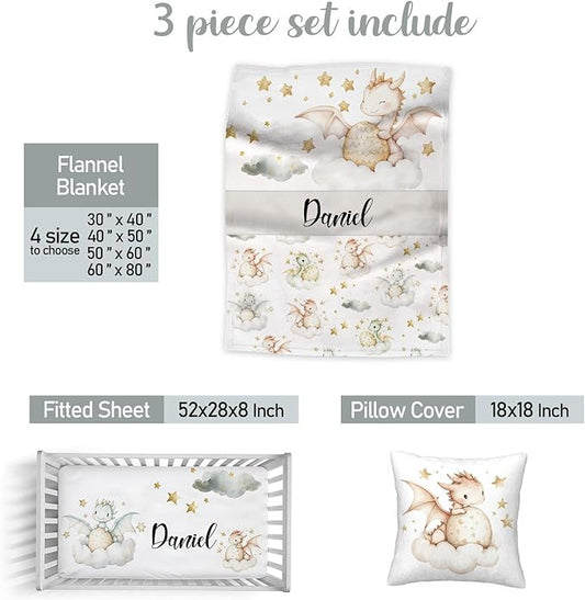 Personalized Flying Dragon Baby Crib Bedding Set for Boys Girls – Custom Name 3-Piece Nursery Bedding with Blanket, Fitted Crib Sheet & Pillowcase – Soft Baby Bedding for Newborn Infant Toddler