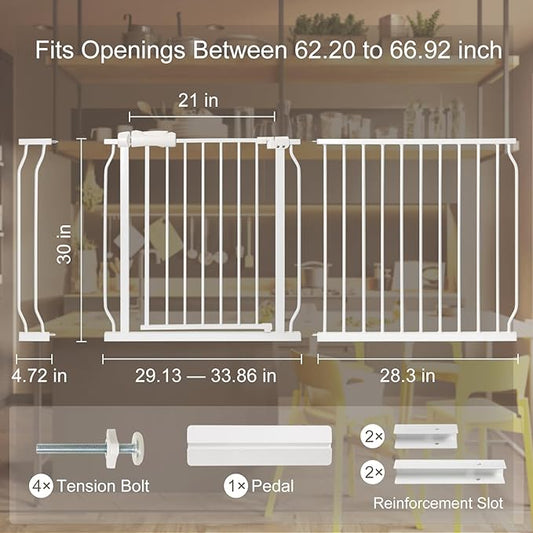 Extra Wide Baby Gate with Door Pressure Mounted 57.48-66.92 Inch,Child Baby Gates for Doorways No Drilling,Walk Through Dog Gate Indoor for The House Kitchen Stairs,White
