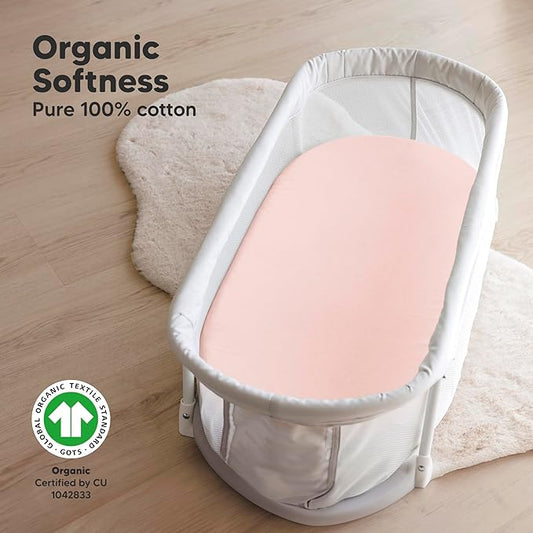 2-Pack Organic Bassinet Sheets for Girls, Boys - 100% Cotton Bassinet Mattress Sheets Compatible with Halo Bassinest Swivel Sleeper, Graco, Baby Delight, Chicco, Fitted Bassinet Sheets (Cameo)