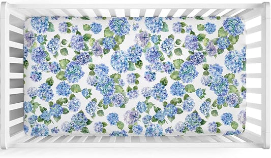 Blue Hydrangea Floral Baby Crib Sheets 52''x28'' Watercolor Flowers Painting Snug Fitted Crib Mattress Cover for Boy Girl Wild Floral Soft Nursery Bed Sheets for Standard Crib and Toddler Mattress
