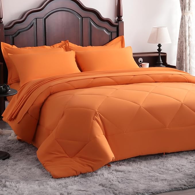 NTBAY Queen Comforter Set with Sheets, 7 Pieces Soft and Breathable Queen Bedding Set, Bed in a Bag, Down Alternative Comforter Set Solid Color All Season, Queen Bedding Set, Orange
