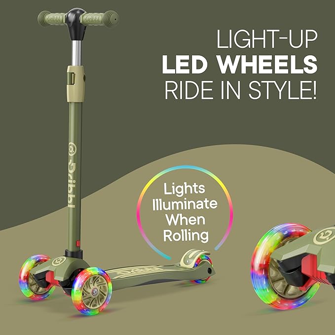 Dribbl 3-Wheel Kids Scooter - Lean-to-Steer Technology, Adjustable Height Handlebar, Wide Anti-Slip Deck, Scooter for Boys & Girls Ages 3+, Child Safety Approved, Support Riders Up to 165 lbs, Army