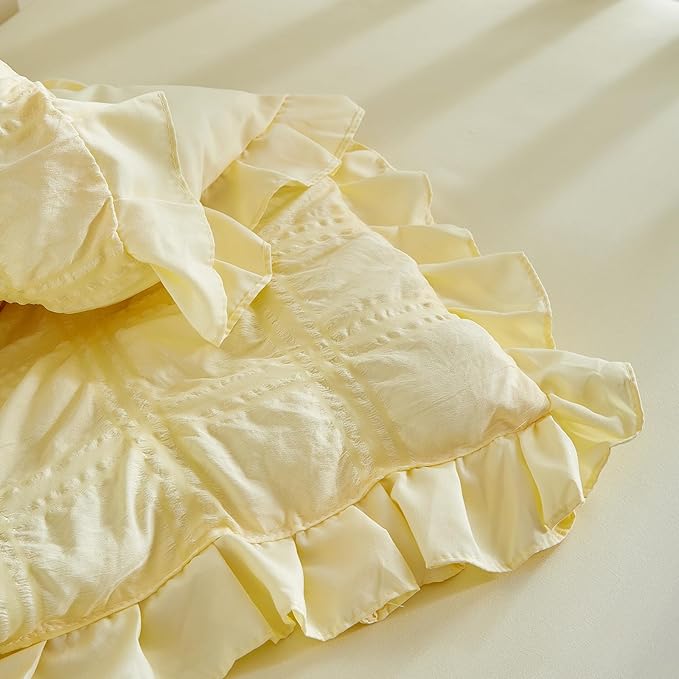 Ruffled Crib Bedding Set Baby Boho Quilted Comforter with Fitted Sheet and Bed Skirt - Cute Soft Breathable Seersucker Ruffled Shabby Chic Bedding Soft Blanket Design - Yellow