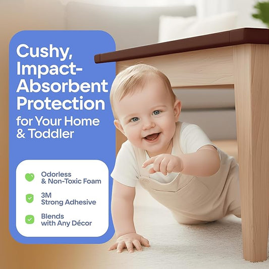 Sharp Edge and Furniture Safety Guards 20.4ft Protective Foam Cushion; 18ft Bumper 8 Adhesive Childsafe Corners Baby Caring Child Proofing Set NonToxic and Safe For Table, Fireplace, Countertop; Brown