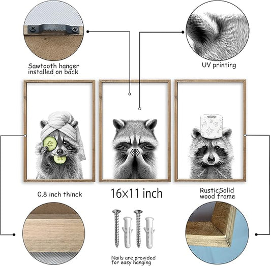 Funny Raccoon Bathroom Wall Decor Art 16x11 Inch Set of 3 Fun Bathroom Modern above the Bathtub Sign Rustic Restroom Farmhouse Cute Washroom Animal Prints Wood Framed Wall Hanging (Wood)