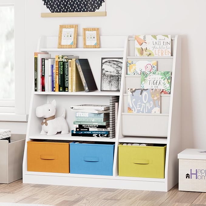 HedoAjim Kids Bookshelf Wood Montessori Toy Storage Organizer Cabinet Shelf Child Bookcase Toddler Baby Sling Book Rack 3 Cube Bin Fabric Drawers for Playroom Bedroom Nursery School