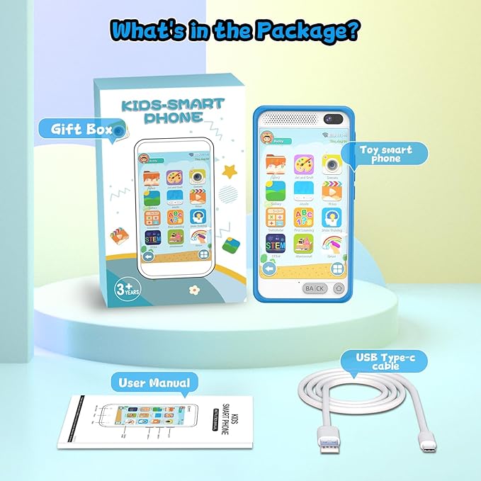 Kids Smart Phone Toys for Boys Girls, Christmas Birthday Gifts for Kids Cell Phone Toy, Mini Smart Phone Toys with Dual Camera, Game, Music Player, 8GB Card (Blue)