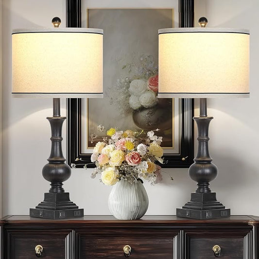 luxeflow Farmhouse Table Lamps Set of 2, Vintage Bedside Lamps with USB A+C Charging Ports & AC Outlet, 26" Rustic Nightstand Lamp for Living Room Bedroom End Table Wash Black(2 LED Bulbs Included)
