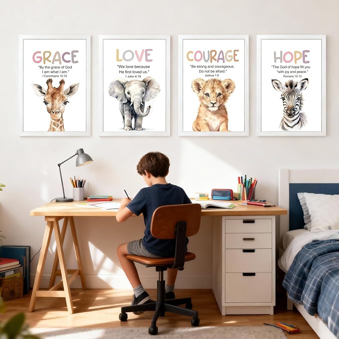 Cute Giraffe Elephant Tiger Zebra Quote Framed Wall Art Set of 4, 11x16 Educational Grace Love Courage Hope Saying Sign for Baby Girl Kid Boy Toddlers, Boho Wooden Inspirational Nursery Wall Decor