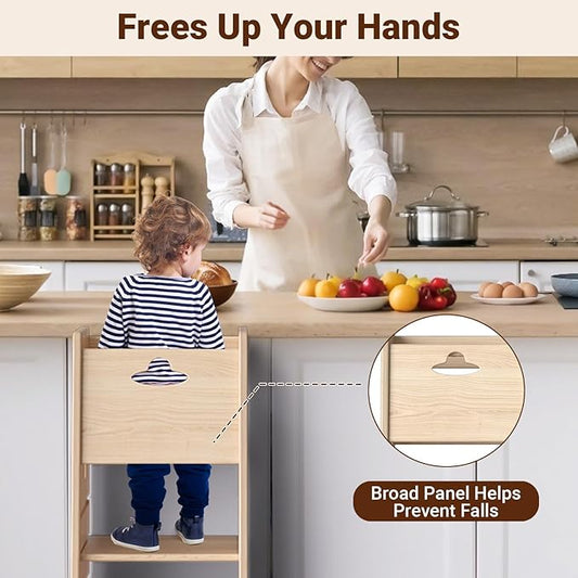 COSYLAND Toddler Standing Tower Adjustable Height - Super Stable Kids Kitchen Stool Helper with Protive Panel - 3 Levels Adjustable Wooden Toddler Kitchen Stool (All Natural)