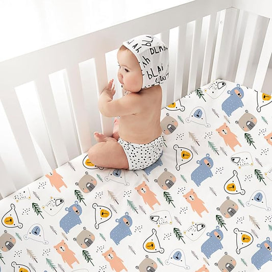 Little Grape Land Crib Sheets Baby Toddler Sheets 2 Pack Fitted for Boys Girls, Standard Size 28x52‘’ Crib Mattress, Super Soft Breathable Washable Microfiber (Whale/Little Bear)