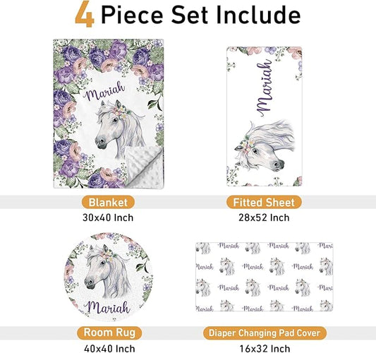 Personalized Crib Bedding Set - 4 Piece Custom Gift Purple Horse Crib Bed Set with Name, Soft Double Layer Blanket Set for Infant Baby Girl, Nursery Bedding Set for Toddler Boys