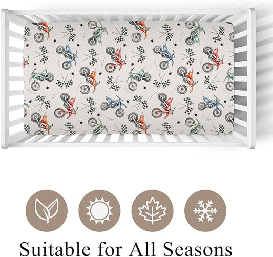Vintage Motor Dirt Bike Baby Crib Sheet for Boys & Girls 28x52 Inch Cute Race Bikes Plaid Checker Flag Stars Baby Sheet for Standard Crib and Toddler Mattress Toddler Bed Sheet Bike One Size
