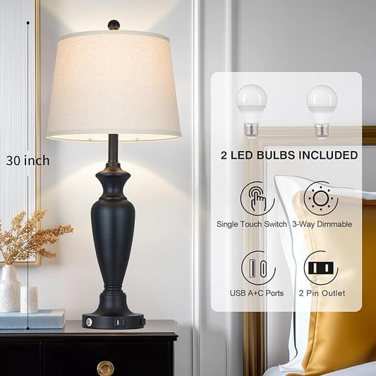 luxeflow Black Table Lamp for Living Room Single, 30″ Tall Touch Control Bedside Lamp for Bedroom, 3-Way Dimmable Nightstand Lamp with USB A+C Ports and AC Outlet (1 Pack)