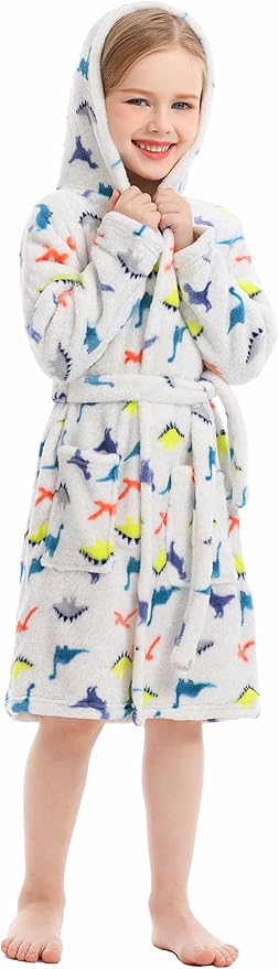 Toddler Robes Cute Pattern Bathrobe Unisex Kids Robe Baby Flannel Hoodie Pajamas Sleepwear