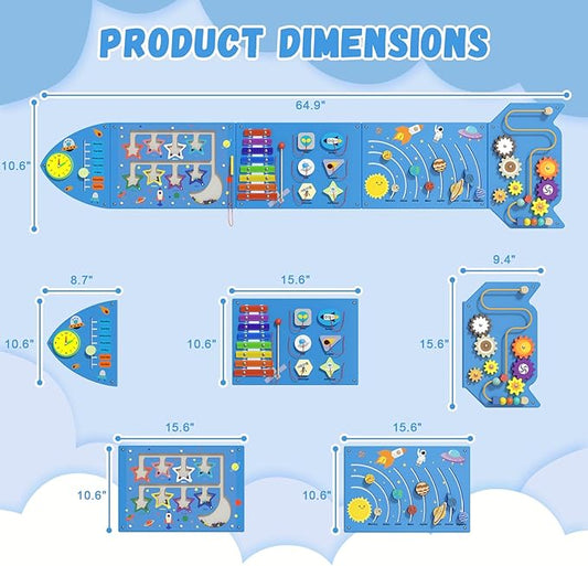 Rocket Activity Wall Busy Board Panels - Sensory Wall Panel for Kids, Montessori Toddler Wall Activity Board, Wall Toys for Toddlers 3, Activity Cube, Wooden Boards, Blue