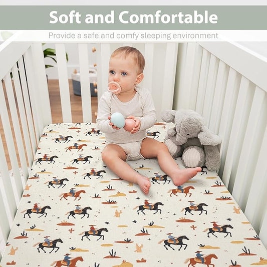 Vintage Western Cowboy Baby Crib Sheets for Boy Girl 28"x52" Retro Cowboy Horse Cactus Soft Stretchy Fitted Crib Mattress Cover Wild Desert Baby Sheet for Standard Crib & Toddler Mattress Pads