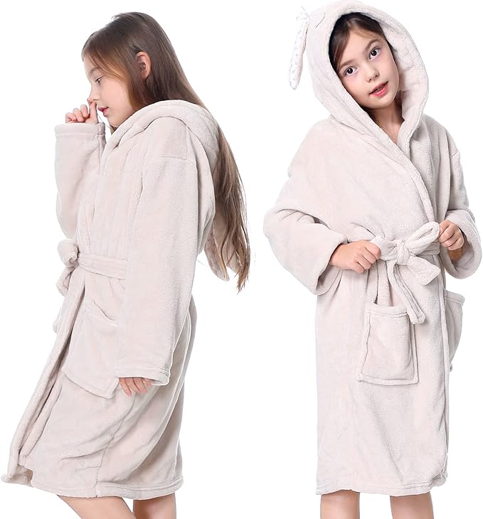 Hooded Herringbone Girl's Fleece Soft Spa Kimono Long Robe,Kids Comfy Sleepwear Bathrobe
