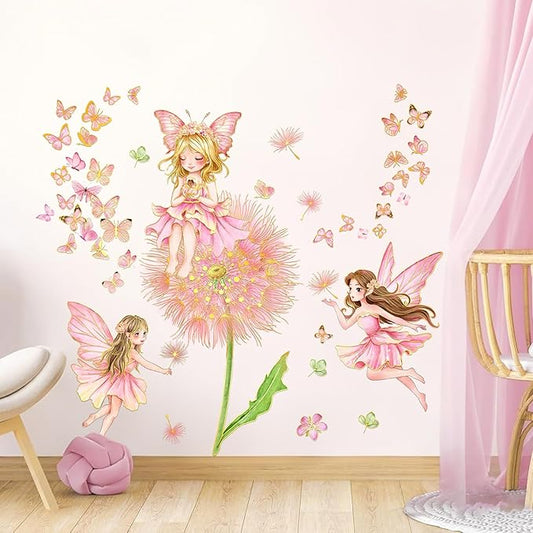 Pink Fairy Flower Wall Decal Large Dandelion Butterflies Wall Decor Peel and Stick Cartoon Style Stickers for Girls Bedroom Baby Nursery Kids Room