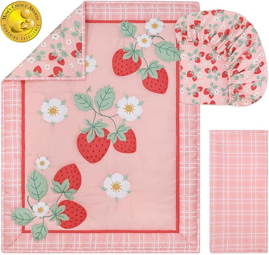 The Peanutshell Strawberry Sweet 3-Piece Baby Girl Crib Bedding Set – Pink Nursery Bedding, Crib Comforter & Decor for Newborns and Toddlers