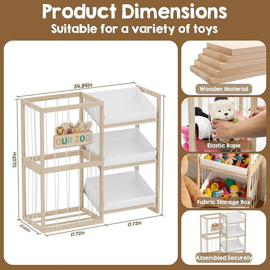DEMEGA Wooden Toy Storage Organizer with Elastic Bands, Easy to Assemble and Use, Large Capacity Toy Bin Organizer for Nursery Playroom Bedroom, Adorable and Practical Design