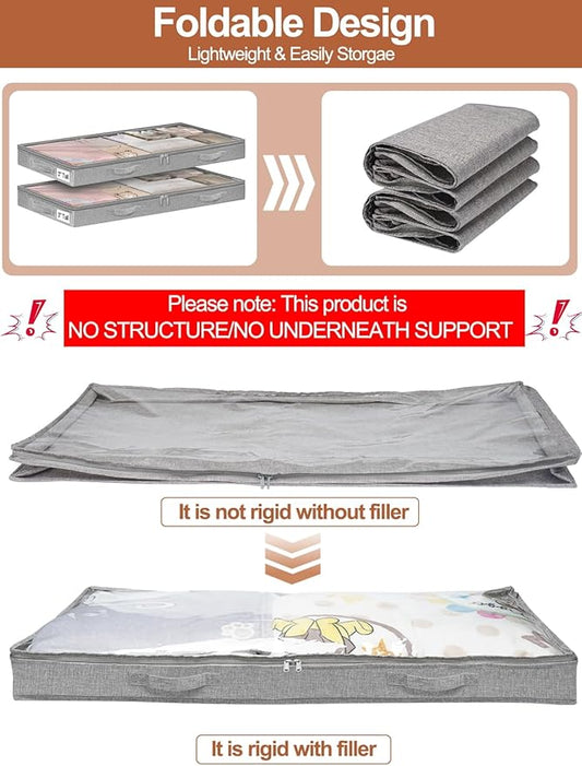 3 Inch Low Profile Under Bed Storage Bins with NO STURCTURE Design, Shallow Clothes Storage Bags with Clear Lids & Waterproof Fabric - Fits Under Sofa, Couch, Dorm, or College Beds,40x20x3inch,Grey