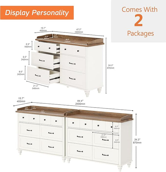 WAMPAT Dresser for Bedroom with 12 Drawers, White Baby Dressers with Wide Chest of Drawers, Mid Century Modern Wooden Kids Closet Storage Organizer, Large Dressers for Living Room, Nursery, Hallway