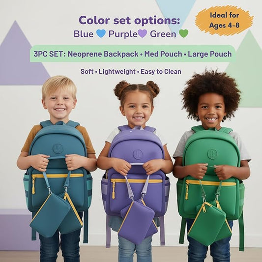 Kaywee 3pc Neoprene Kids Backpack SET 13inch | 2 zipper pouch & AirTag holder for kids | Preschool backpack for school | BLUE Toddler backpack boy and girl Ages 3-8