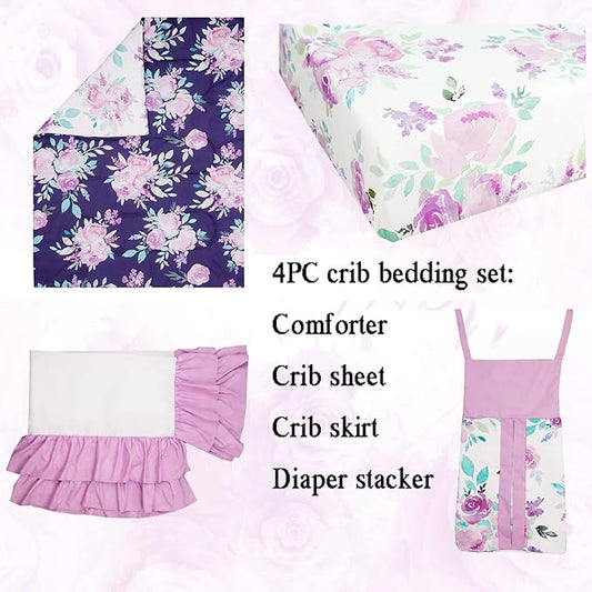 TANOFAR 4 Piece Crib Bedding Set for Girls, Purple Flower Quilt, Crib Skirt, Diaper Stacker, Soft Microfiber Comforter, Cotton
