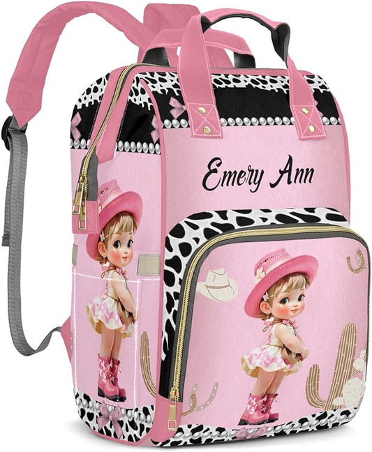 Personalized Little Cowgirl Custom with Name Diaper Bag Backpack For Baby Boy Girl Dad Mom Unisex for Adult Daypack Holiday Gift