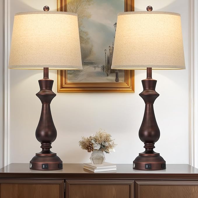 luxeflow Vintage Table Lamps Set of 2 for Living Room,30" Tall Bedside Lamp with USB Charging Port,3-Way Dimmable Touch Nightstand Lamp for Bedroom Desk Side Table Office,Brown