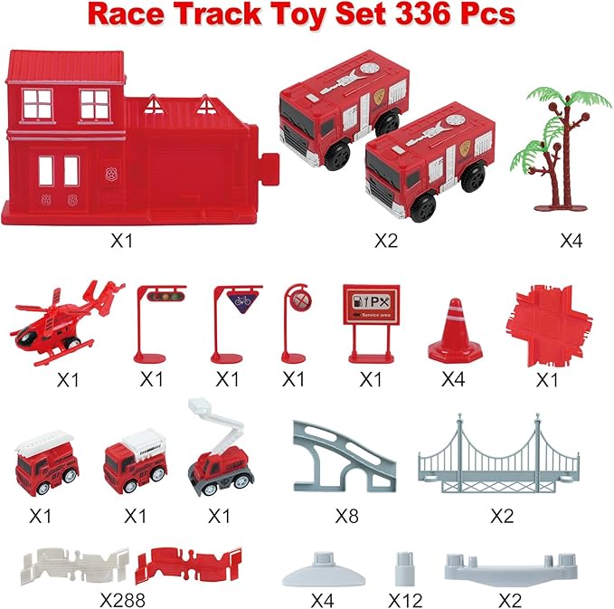 BEMITON Race Track Playset for Kids - Flexible DIY Car Track Toy, Educational Birthday Gift for Boys Ages 3 4 5 6 7, 330+ PCS Building Kit with Fire Trucks