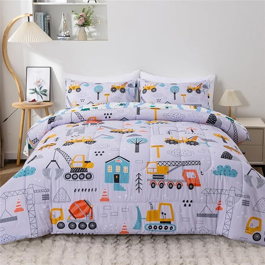 NTBED 5 Pieces Construction Cars Comforter Set Full for Boys Kids Bed in a Bag Vehicles Transportation Lightweight Microfiber Bedding Sets,Light Grey