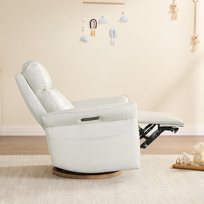 CHITA Genuine Leather Power Recliner Chair, Electric Triple-Motor Swivel Glider Nursery Rocking Chair with Adjustable Power Headrest and Lumbar Support, Solid Wood Base, Creamy Grey