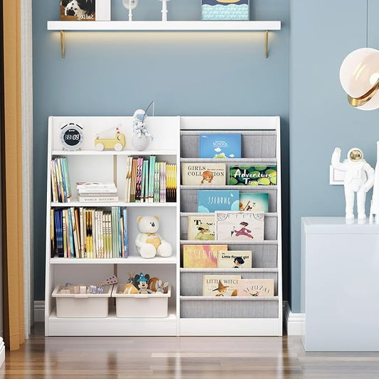 HedoAjim White Kids Bookshelf Wood Toy Storage Organizer Cabinet Children Bookcase Toddler Baby Sling Book Rack Adjustable Shelf for Playroom Bedroom Nursery Hallway School Kindergarten
